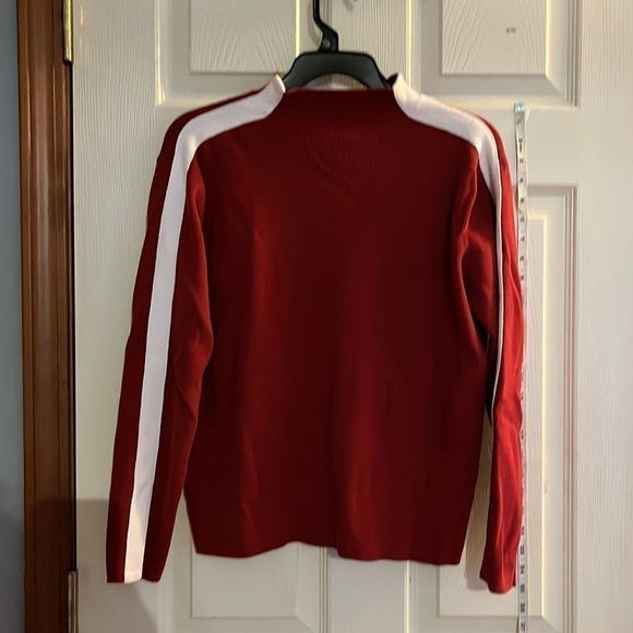 BCBGMAXAZRIA-M-Red-quarter zip, long sleeve sweater with white stripe down arms - Picture 4 of 10